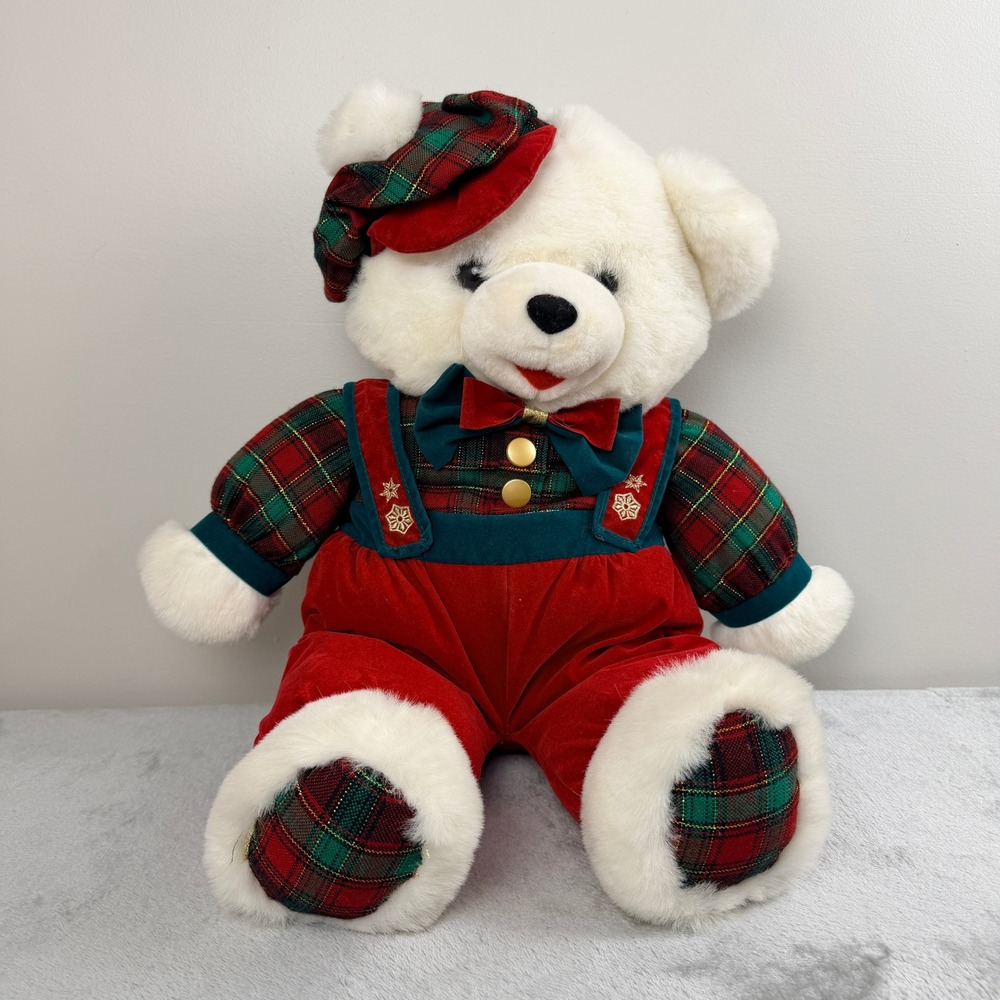 Vintage TB Trading Co Holiday Teddy Bear White Plush Red Green Plaid Outfit 22"